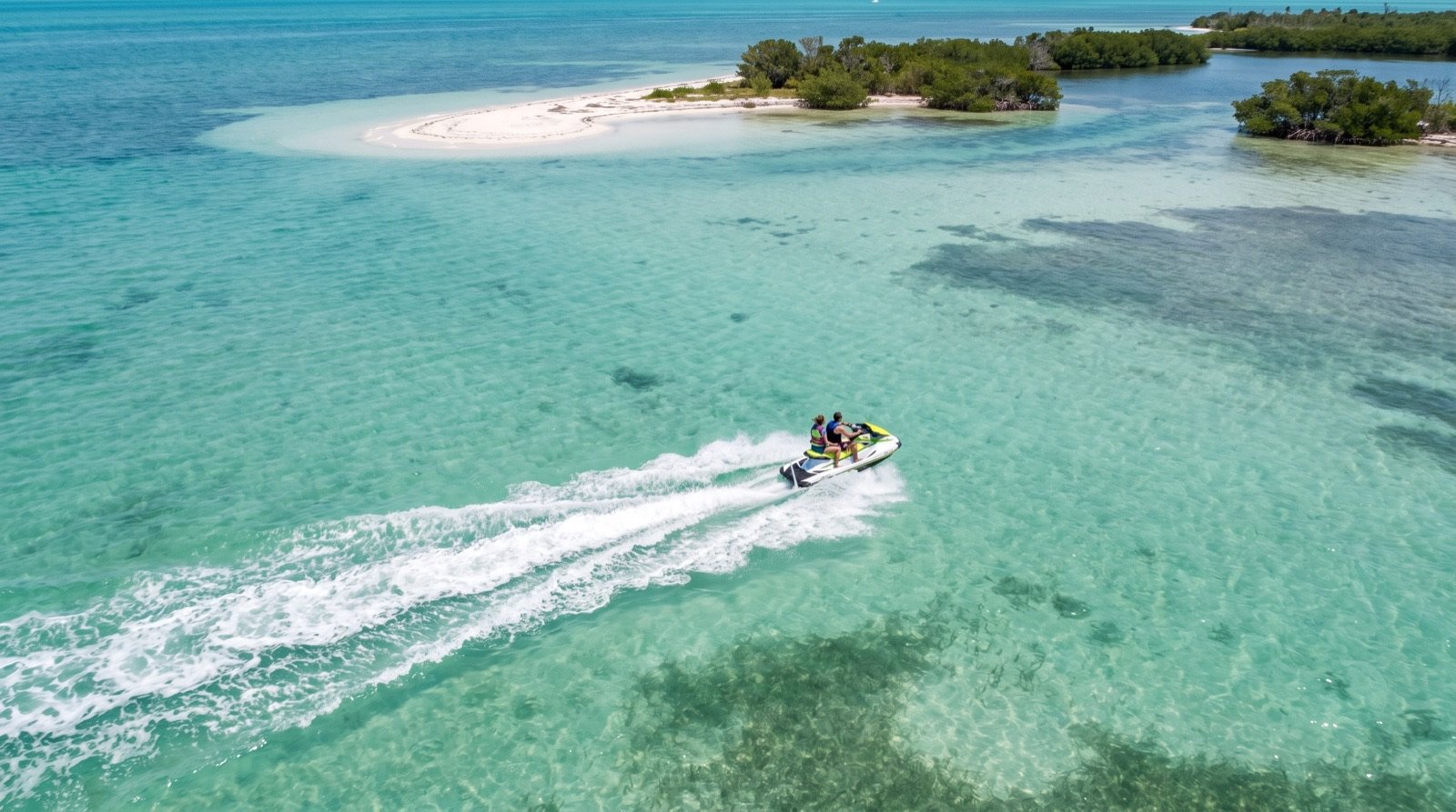 Two riders on a jet ski crossing clear shallow water near a sandbar and mangrove islands