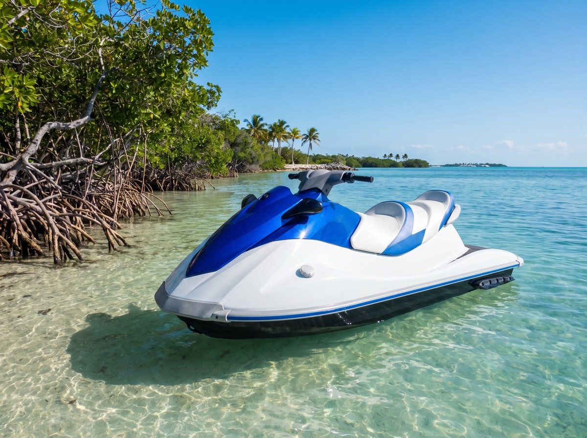 A new three-seat jet ski floating in clear shallow water beside mangroves